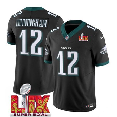 Men's Philadelphia Eagles #12 Randall Cunningham Black 2025 Super Bowl LIX Patch New F.U.S.E. Vapor Limited Stitched Football Jersey Men's Philadelphia Eagles #12 Randall Cunningham Black 2025 Super Bowl LIX Patch New F.U.S.E. Vapor Limited Stitched Football Jersey